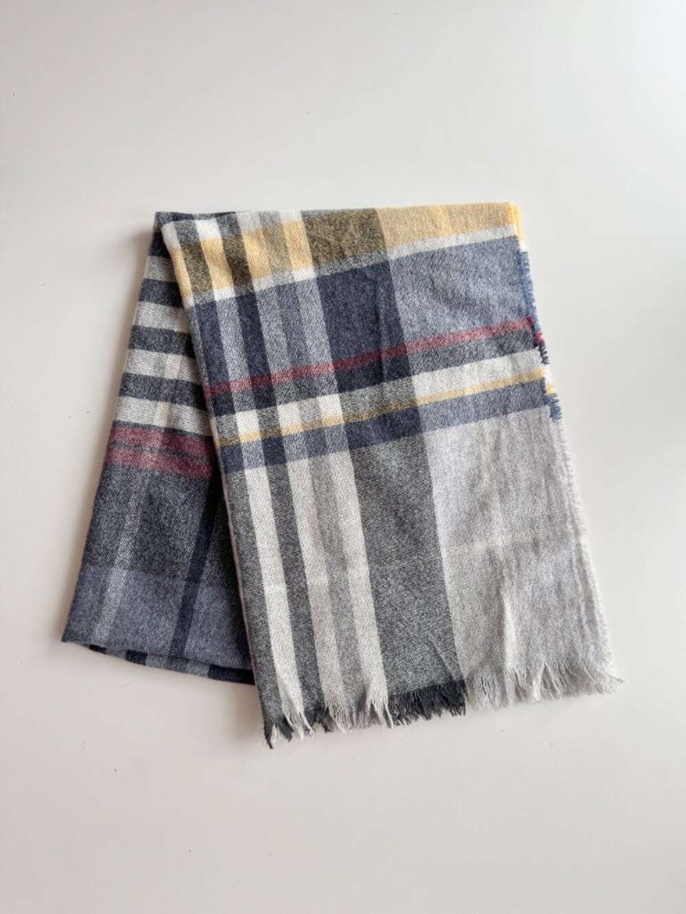 J.CREW Grey Navy Plaid Italian Wool Blend Fringed Shawl Blanket Scarf